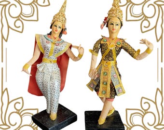 Thai dancing doll couple in national dress vintage 1960s collectible pair