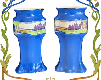 Lancaster & Sons Hanley England Art Deco vintage 1920s pair cobalt blue vases wedding gift idea