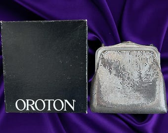 Oroton vintage 1970s silver mesh top handle lined evening bag original box and receipt