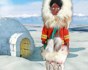 J&H Sales vintage 1980s Alaska Eskimo doll on wooden stand, authentic dress with real fur trim