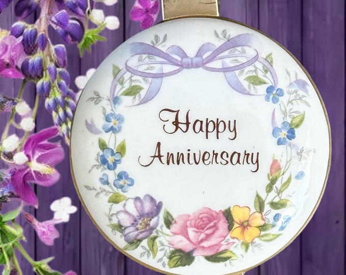 Featured listing image: Falcon China Staffordshire England vintage 1980s ‘Happy Anniversary’ hinged porcelain ring box