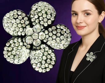 Upcycled vintage 1980s dark shiny pewter finish flower brooch set with sparkling diamantes