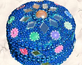 Indian small vintage hand beaded round metallic trinket, ring box
