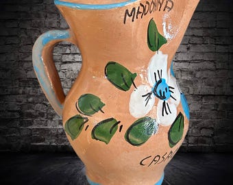 Italian glazed terracotta pottery 15cm pitcher jug 'Madonna Della Difesa' Casacalenda souvenir vintage 1970s