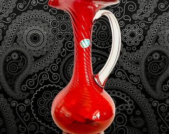 Gempo Giftware Japan red swirl pattern glass jug clear handle vintage 1960s