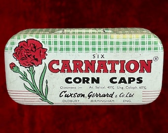 Carnation Corn Caps vintage 1950s small 6cm hinged decorative tin made in England