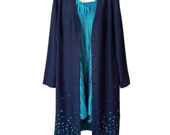 Jacques Vert 1980s designer long navy jacket with turquoise embellishments size 16 UK plus FREE modern Taking Shape top