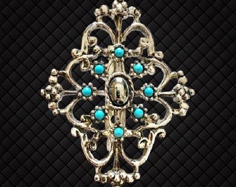 Rococo revival faux silver and turquoise vintage 1980s upcycled brooch