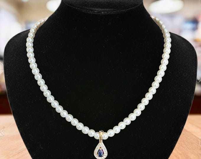 Featured listing image: Faux pearl necklace with removable teardrop blue and clear stone pendant vintage 1990s