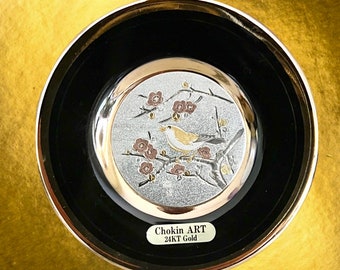 The Art of Chokin vintage 1980s Japanese porcelain 24k gold mini plate, bird in blossom tree