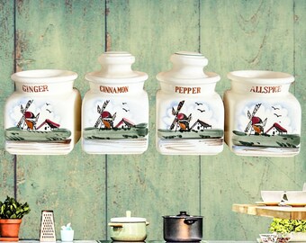 Japanese vintage 1960s spice jars set of 4 Ginger Cinnamon Allspice and Pepper, Dutch windmill theme, two lids missing