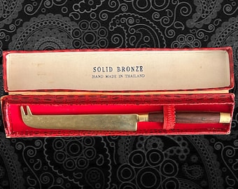 Thai vintage 1960s solid bronze cheese knife wood handle original box