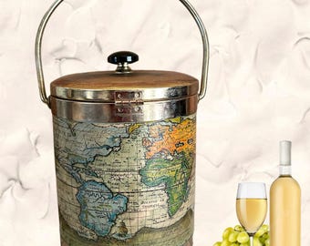 Vintage 1960s French ice bucket with old world map Typvs Orbis Terrarvm