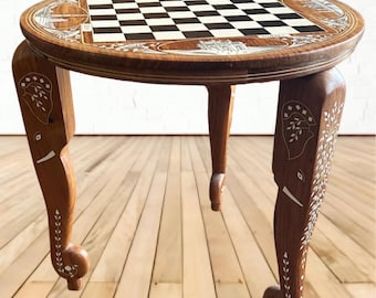 Vintage Taj Mahal Chess Table, Elephant Trunk Legs, Faux Ivory Inlay (PICK UP ONLY)