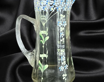 Victorian era 1890s clear glass 16.5 cm pitcher, jug with enamel flower detail