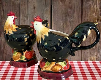 MCM vintage 1970s kitsch rooster chicken hen figural lidded sugar bowl and creamer milk jug set
