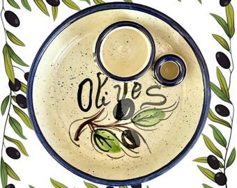 French vintage 1970s rustic glazed pottery serving dish for olives