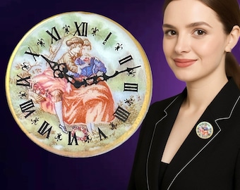 Upcycled vintage 1980s round porcelain courting couple faux clock brooch