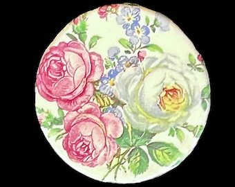 Pink and white roses floral vintage 1970s porcelain brooch