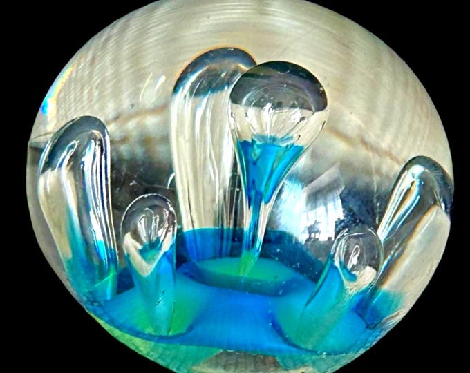 Featured listing image: Studio art glass hand blown 1970s small heavy blue green paperweight