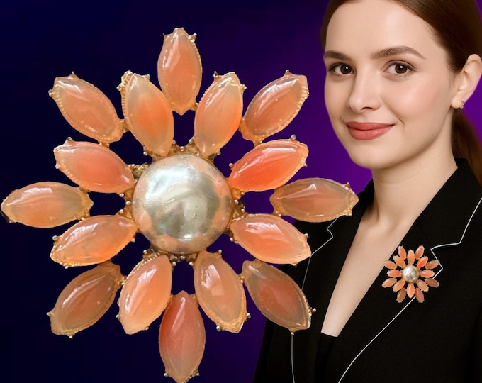 Featured listing image: Boho chic vintage 1990s upcycled faux gold beaded flower brooch with pearlised centre