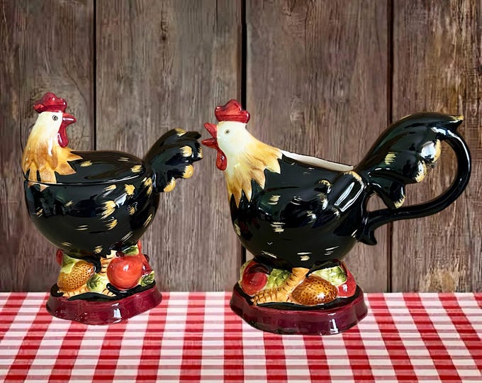 Featured listing image: Kitsch Rooster Sugar Bowl and Creamer Set: 1970s vintage MCM Figural Hen