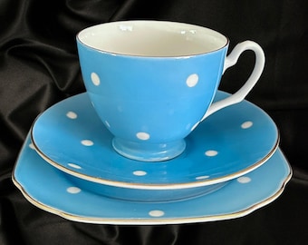 Cherry China Japan vintage 1930s blue and white polka dot trio