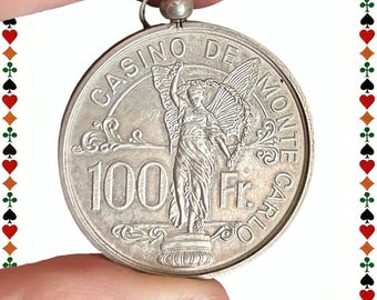 1977 Monaco Monte Carlo Casino 100 Franc sterling silver gaming token set in silver pendant mount