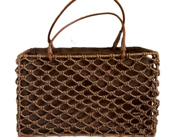 Frankie and Johnnie small vintage brown woven rectangular bucket, tote bag