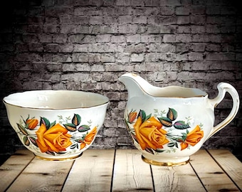Colclough England vintage 1950s Orange Rose sugar bowl and creamer, milk jug