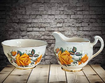 Colclough England vintage 1950s Orange Rose sugar bowl and creamer milk jug