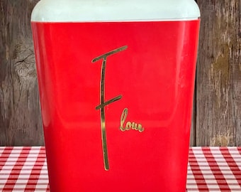 Red bakelite flour canister with lid vintage 1960s retro kitchenalia