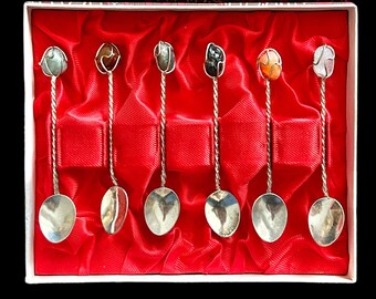 H Stern small solid silverplate twist gemstone mini 9cm sugar or tea spoons set of 6 vintage 1940s