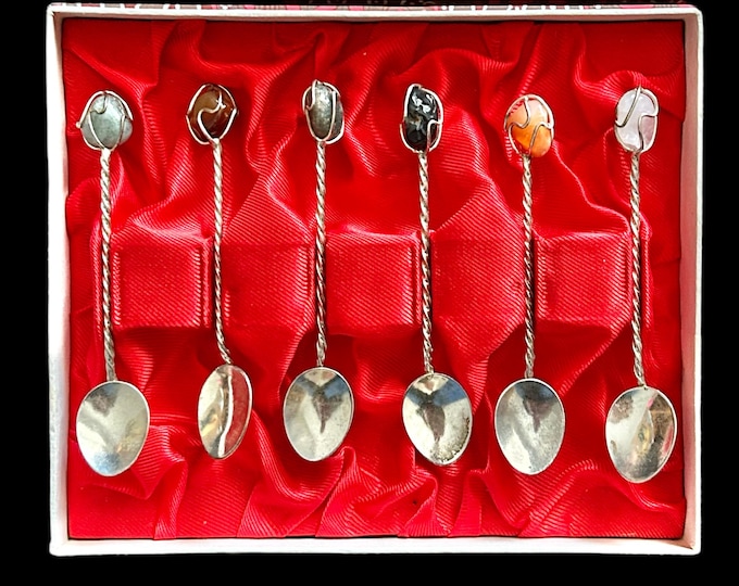 Featured listing image: H Stern small solid silverplate twist gemstone mini 9cm sugar or tea spoons set of 6 vintage 1940s