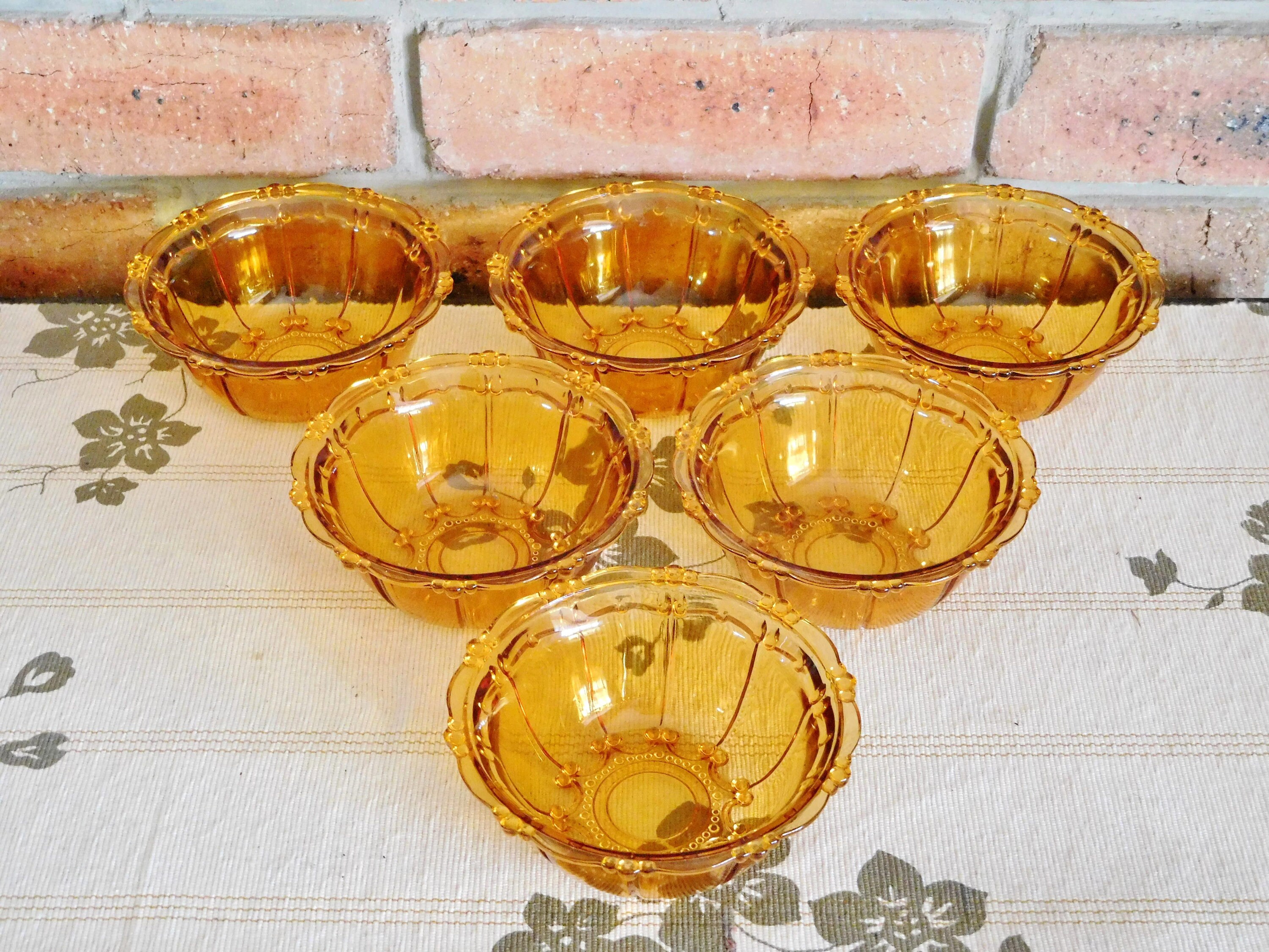 6 amber glass mid century small dessert, fruit bowls; vintage 1940s