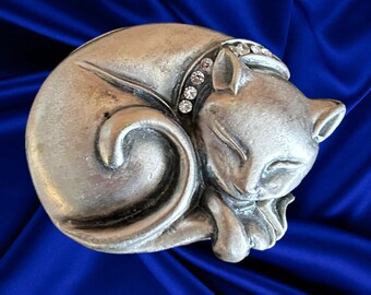 Pewter sleeping cat mini ring trinket box with Swarovski crystal collar, vintage 1990s