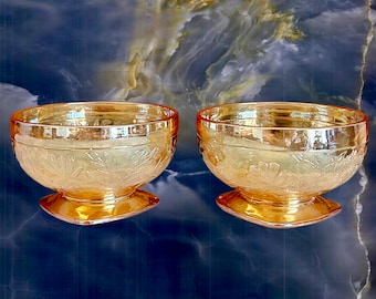 Floragold Louisa by Jeanette Glass iridescent peach lusterware footed carnival glass sherbet bowls vintage 1950s