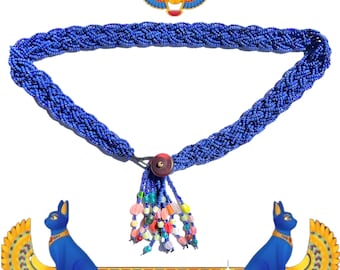 Cobalt Blue Seed Bead Belt vintage 1980s Tassel Button Tie