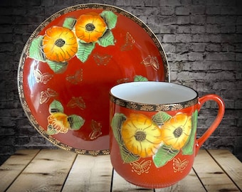 Japanese vintage 1960s eggshell porcelain red demitasse cup and saucer with yellow flowers