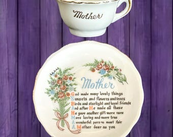 Mother Japanese porcelain miniature cup and decorative saucer plate, keepsake ornaments, vintage 1960s