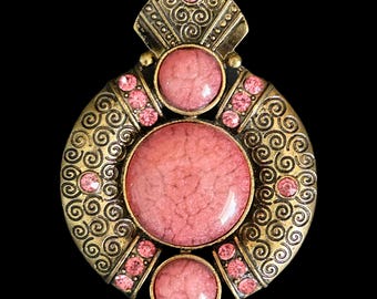 Vintage 1990s Art Nouveau style upcycled faux rhodonite and burnished metal brooch
