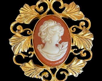 Victorian style faux cameo profile of young lady, vintage 1980s upcycled gold-tone brooch