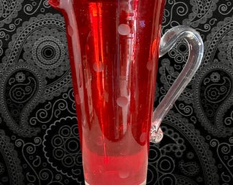 1960s Vintage Hand Blown Red Glass Pitcher: Etched Jug
