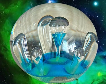 Studio art glass hand blown 1970s small heavy blue green paperweight