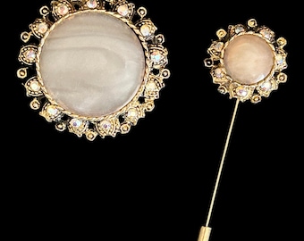 1960s vintage faux gold mother of pearl round brooch with matching upcycled stick pin
