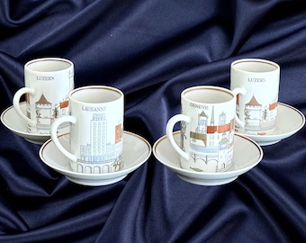 Suisse Langenthal Switzerland vintage 1970s set of 4 porcelain espresso cups and saucers Lausanne Geneve and 2 Luzern