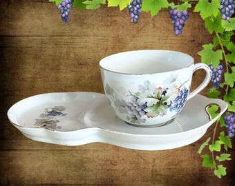 Victoria Austria early 1900s bone china cup saucer tennis set grape and vine motif