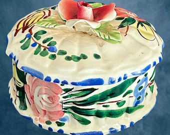Italian Capodimonte lidded majolica jewelry, trinket box vintage 1960s
