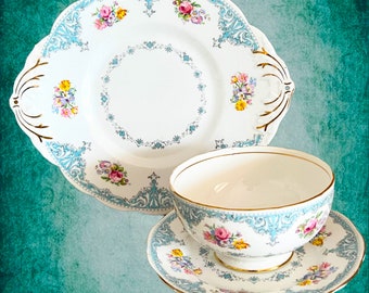 Salisbury bone china floral pattern cake plate, saucer and soup or sweets bowl vintage 1950s