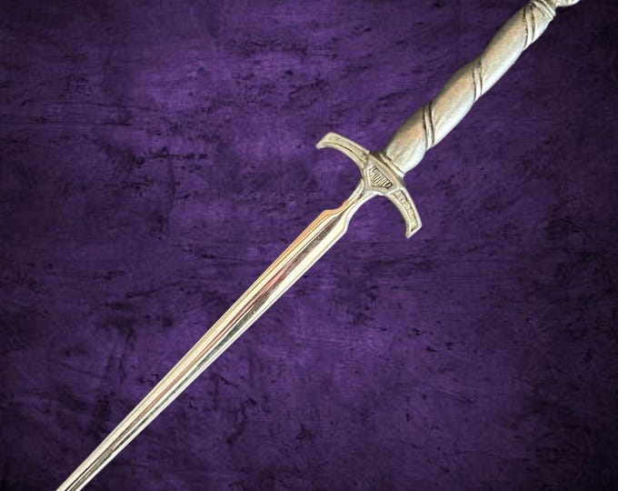 Featured listing image: St Justin Excalibur solid pewter letter opener with purple crystal, made in England